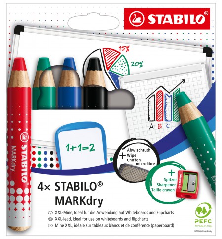 CRAYON  WHITEBOARD STABILO MARKER DRY POCHETTE 4 ASS + TAILLE CRAYON