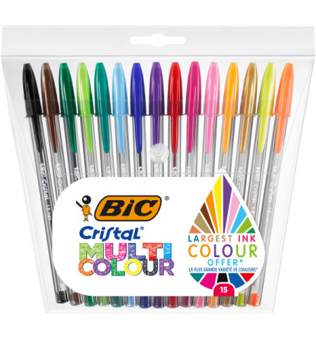 BIC CRISTAL MULTI COLOUR - POCHETTE DE 15 COULEURS ASSORTIES