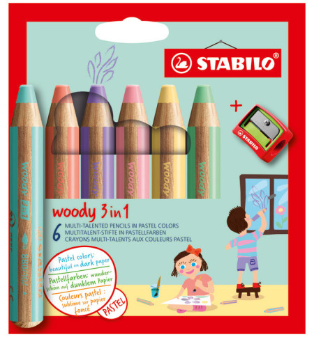 CRAYONS WOODY COUL. PASTEL STABILLO ETUI DE 6 +TAILLE CRAYON