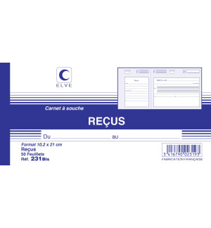 RECUS 10.5X21cm - CARNET A SOUCHE DE 50