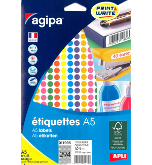 ETIQUETTES AUTOCOLLANTES DIAM 8mm COLORIS ASSORTIS - PAQUET DE 2058