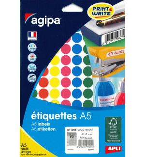 ETIQUETTES AUTOCOLLANTES DIAM 15mm COLORIS ASSORTIS - PAQUET DE 672