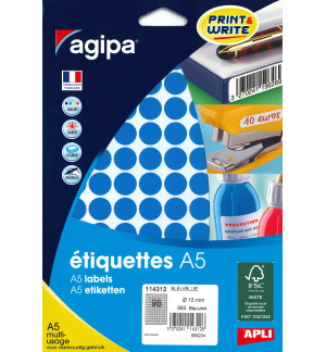 ETIQUETTES AUTOCOLLANTES DIAM 15mm BLEUES - PAQUET DE 960