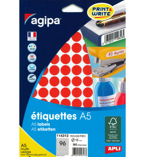 ETIQUETTES AUTOCOLLANTES DIAM 15mm ROUGES - PAQUET DE 960