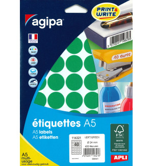 ETIQUETTES AUTOCOLLANTES DIAM 24mm VERTES - PAQUET DE 400