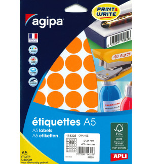 ETIQUETTES AUTOCOLLANTES DIAM 24mm ORANGES - PAQUET DE 400