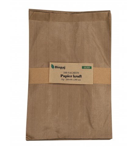 PAQUET 100 SACHETS KRAFT 35G 200+90X290mm