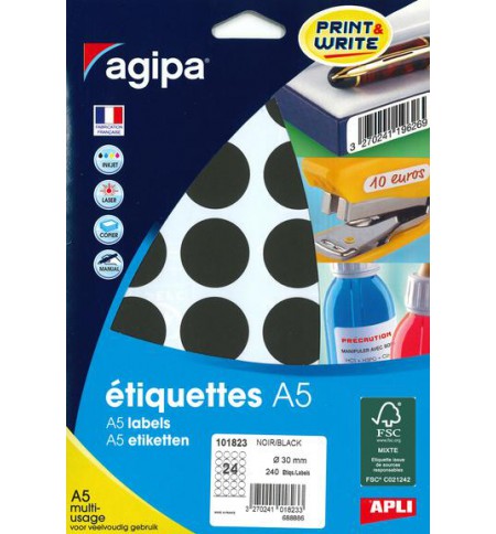 ETIQUETTES AUTOCOLLANTES DIAM 30mm NOIRES - PAQUET DE 240