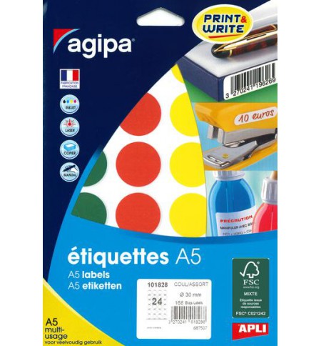 ETIQUETTES AUTOCOLLANTES DIAM 30mm COLORIS ASSORTIS - SACHET DE 168