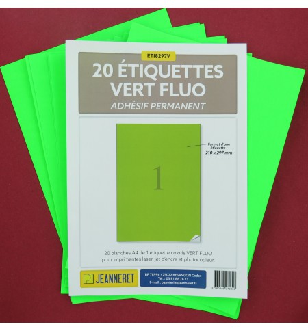 ETIQUETTES LASER VERT FLUO 210X297mm-PAQUET DE 20/3396-FV27